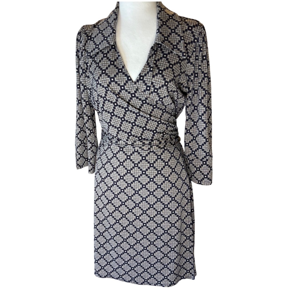 Laundry by Shelli Segal Navy Wrap Dress L Geometric Polished Workwear Career